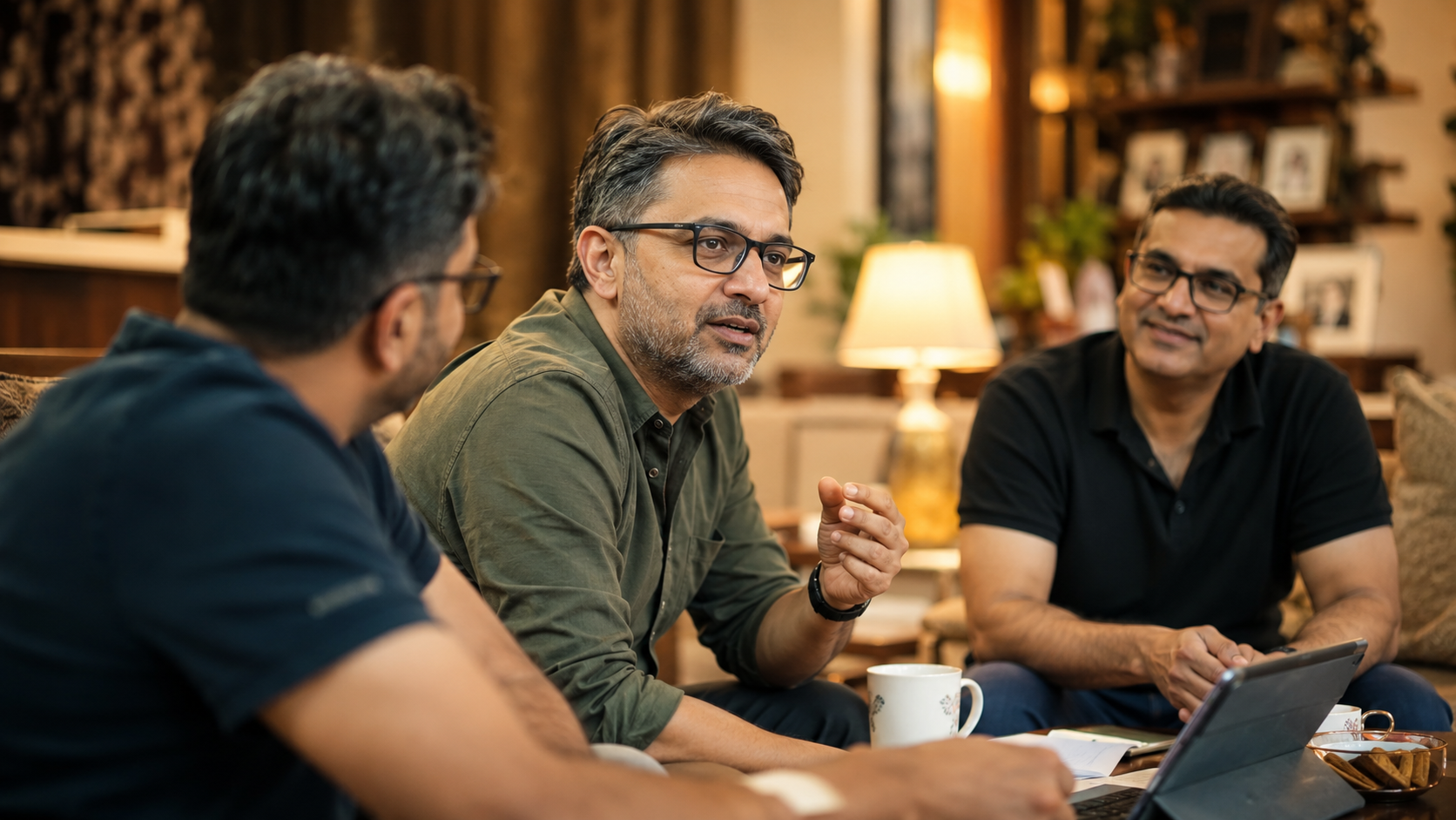 Returnees discussing plans over a laptop and chai