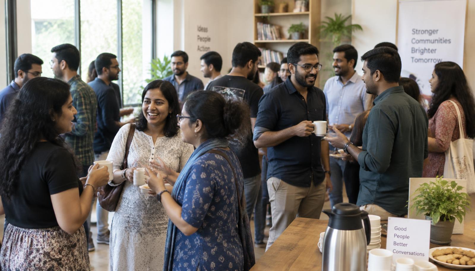 Members of the BackToIndia community chatting at a casual meetup